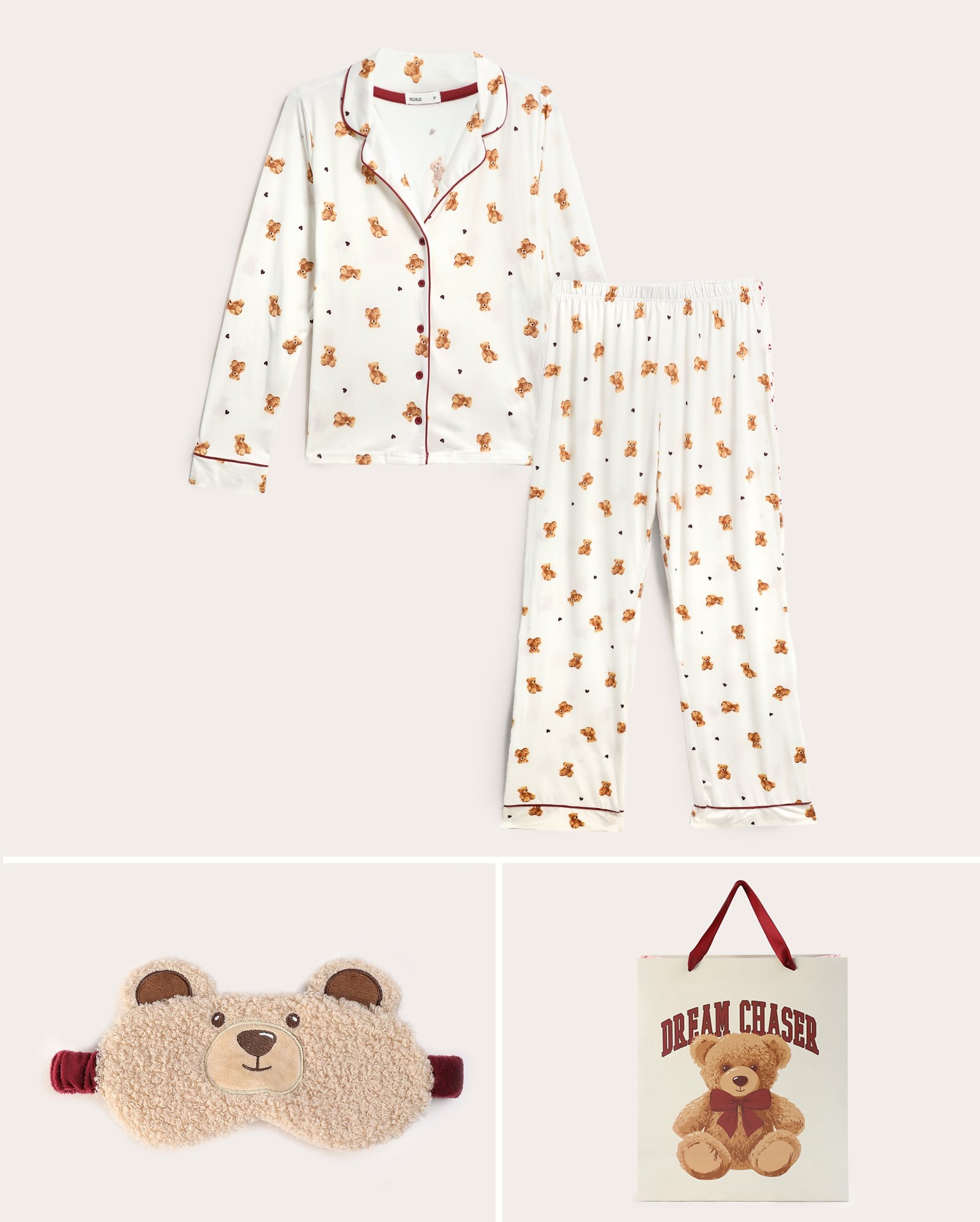 Kit pijama longo feminino americano + tapa olho + sacola de presente M - multicor