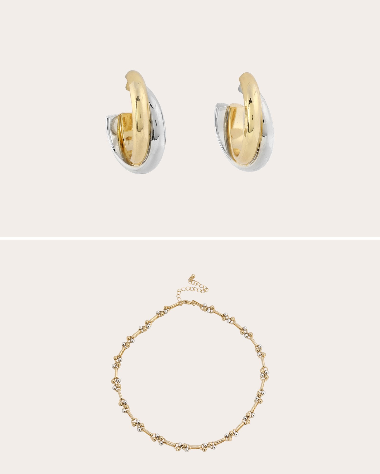 Kit brinco + colar torcido com esferas - dourado