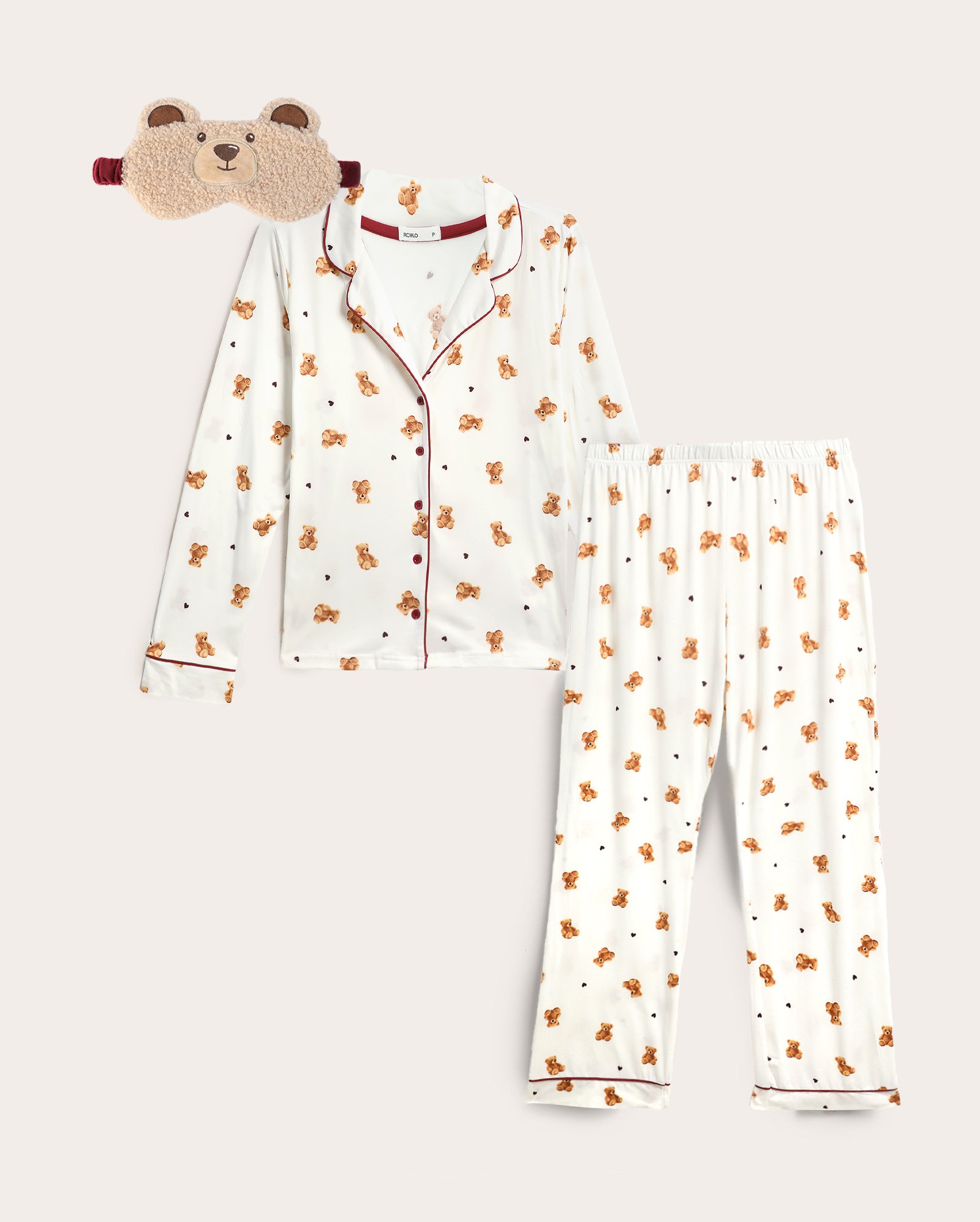 Kit pijama longo feminino americano + tapa-olho urso - multicor