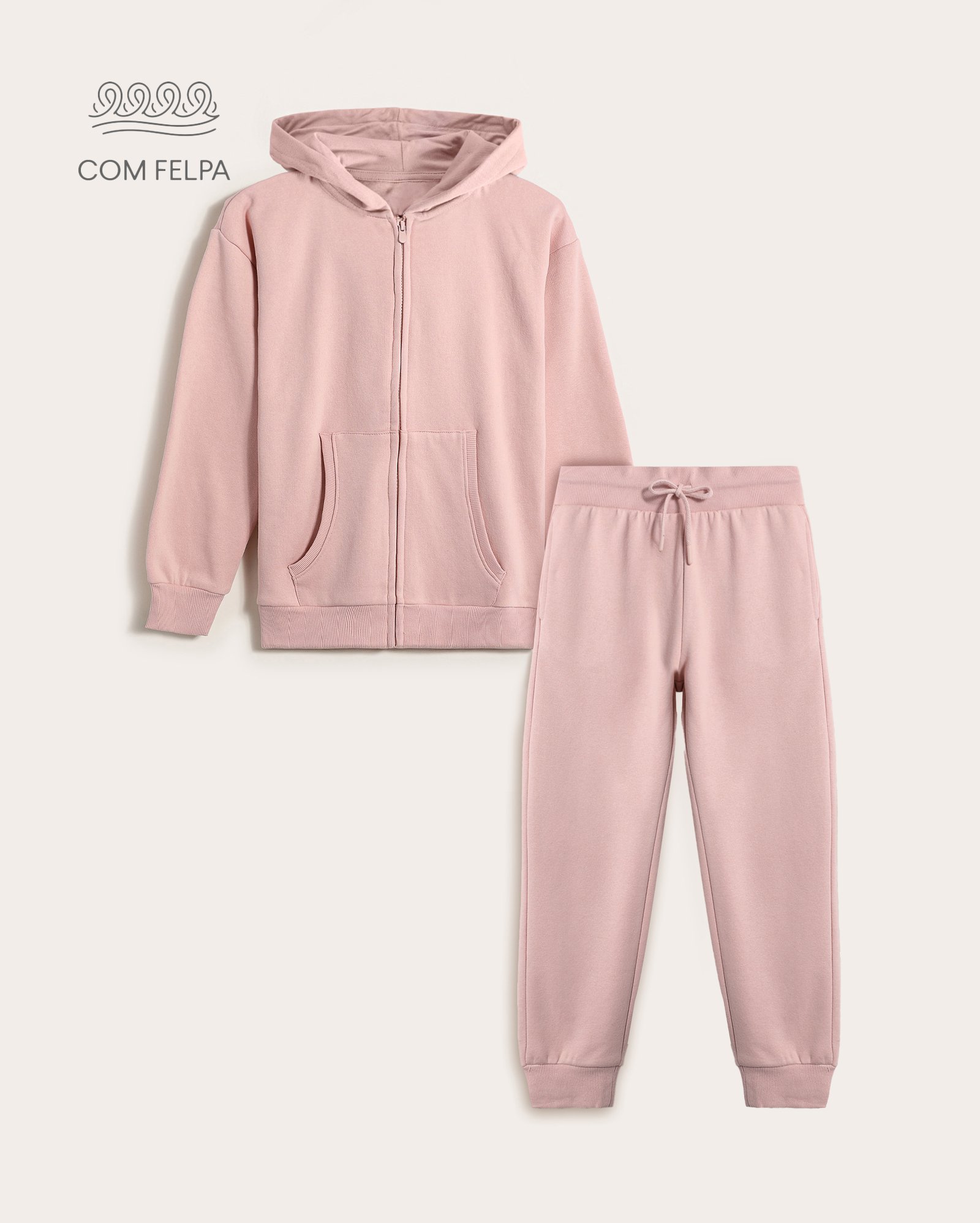 Conjunto de moletom longo infantil 2 peças com felpa 6-14A - rosa
