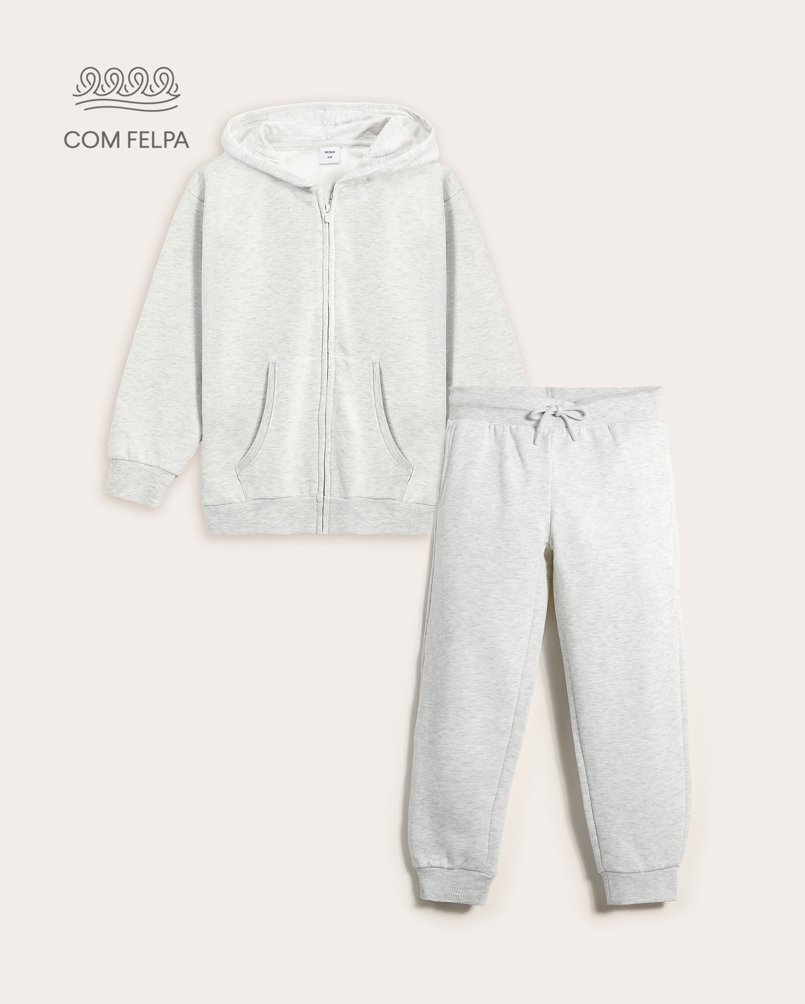 Conjunto de moletom longo infantil 2 peças com felpa 6-14A - cinza