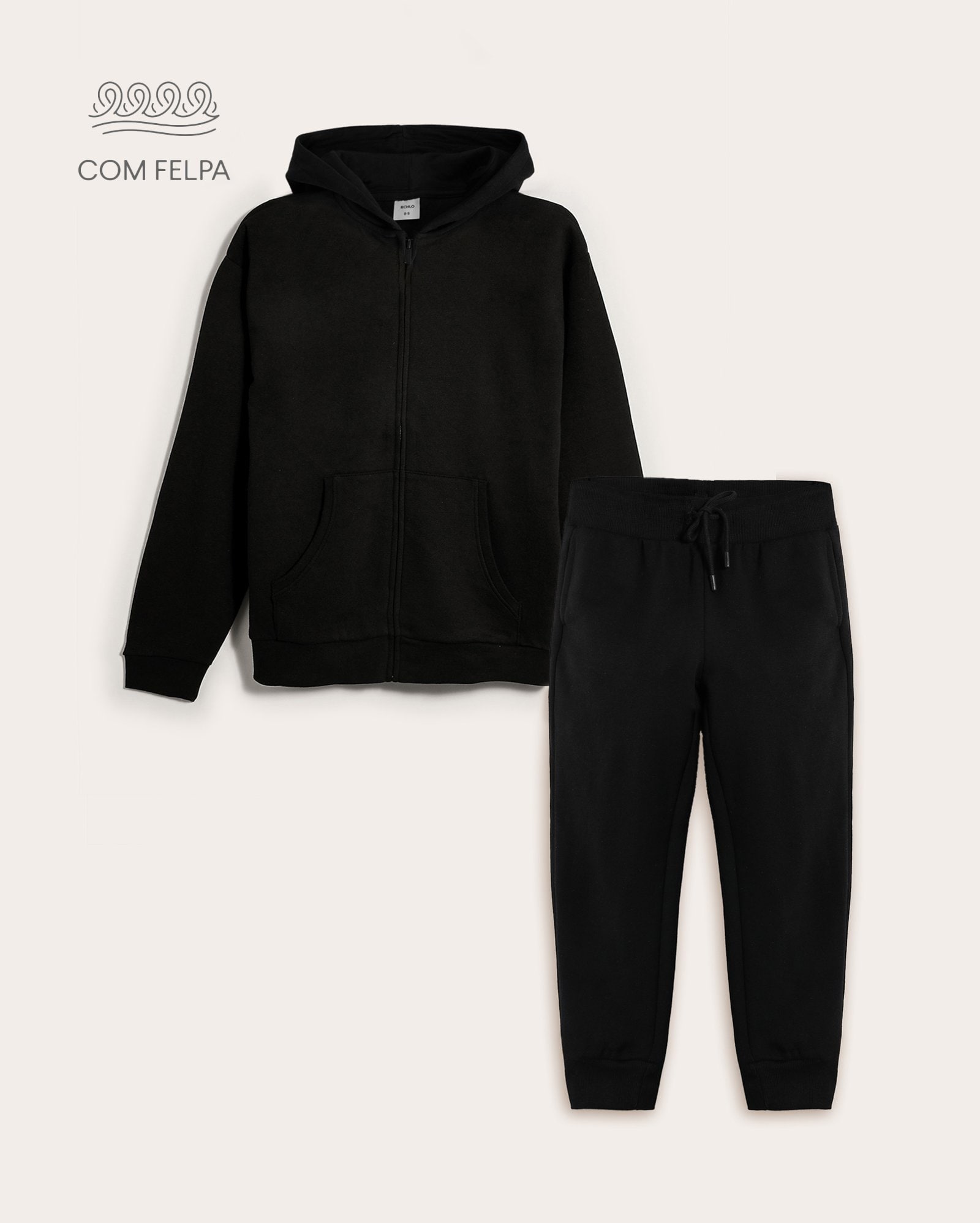 Conjunto de moletom longo infantil 2 peças com felpa 6-14A - preto