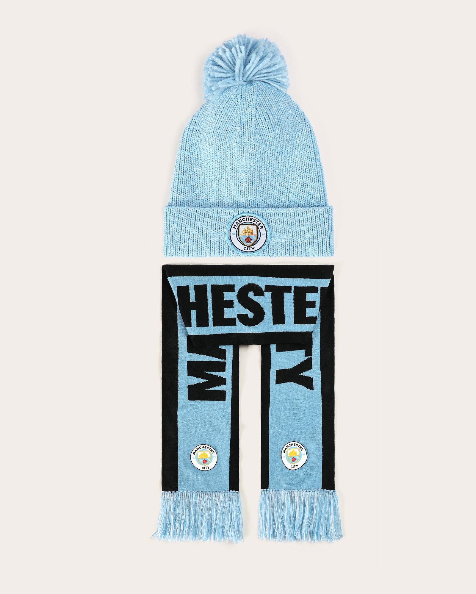 Kit gorro com pompom + cachecol infantil Manchester City – azul