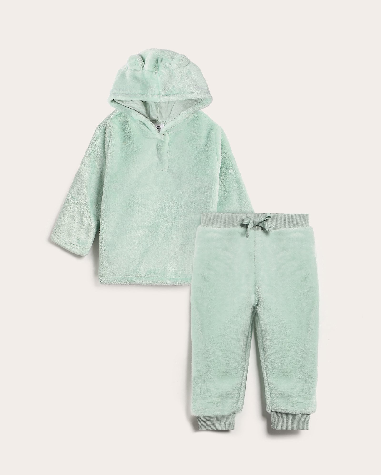 Conjunto longo bebê 2 peças em plush com capuz - verde