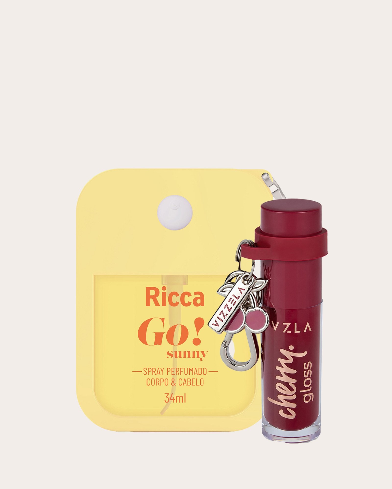 Kit body splash Go Sunny 34ml Ricca + gloss labial Cherry com chaveiro 6ml Vizzela Cosméticos