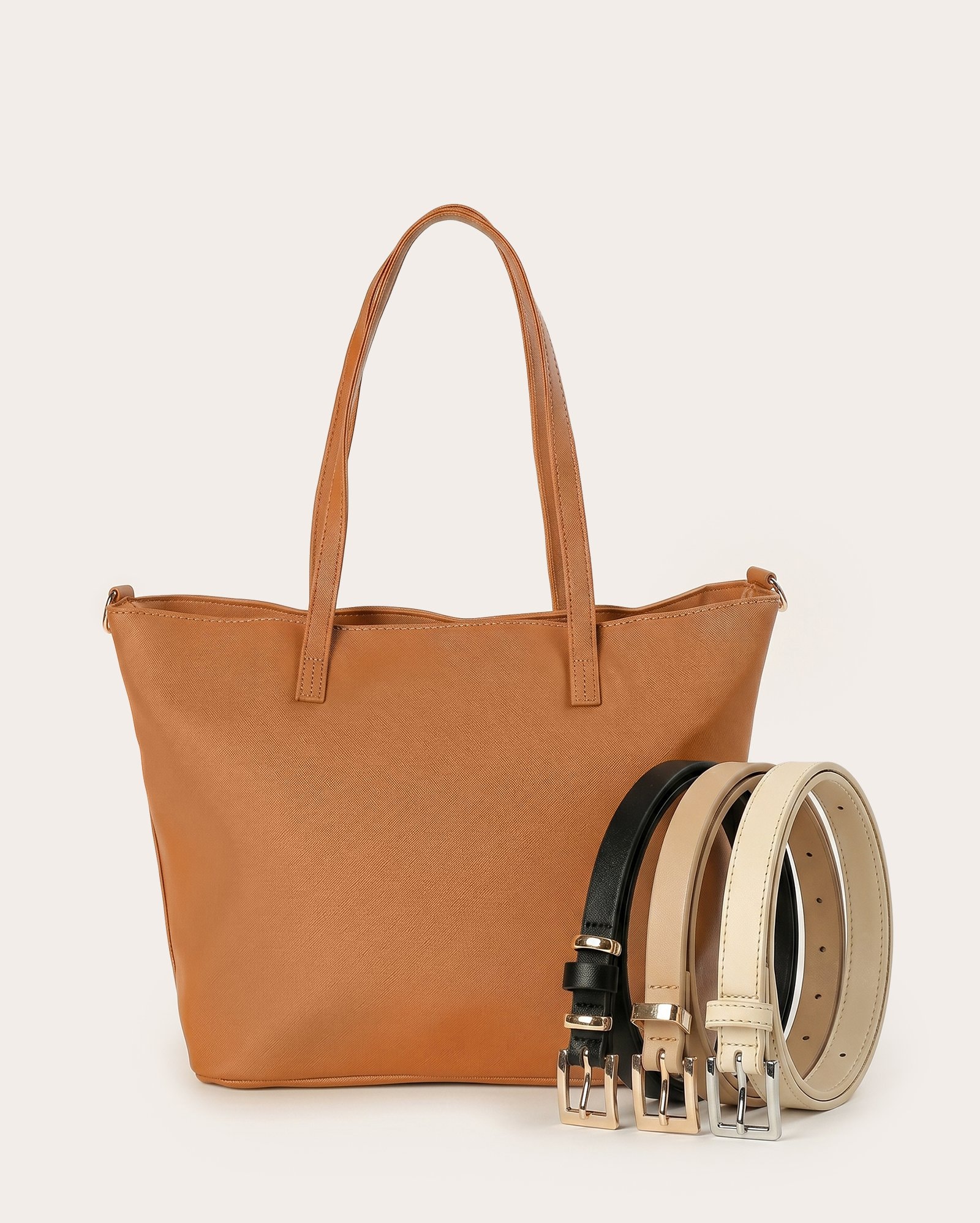 Kit cinto feminino 3 peças finos + bolsa G tote lovely - multicor