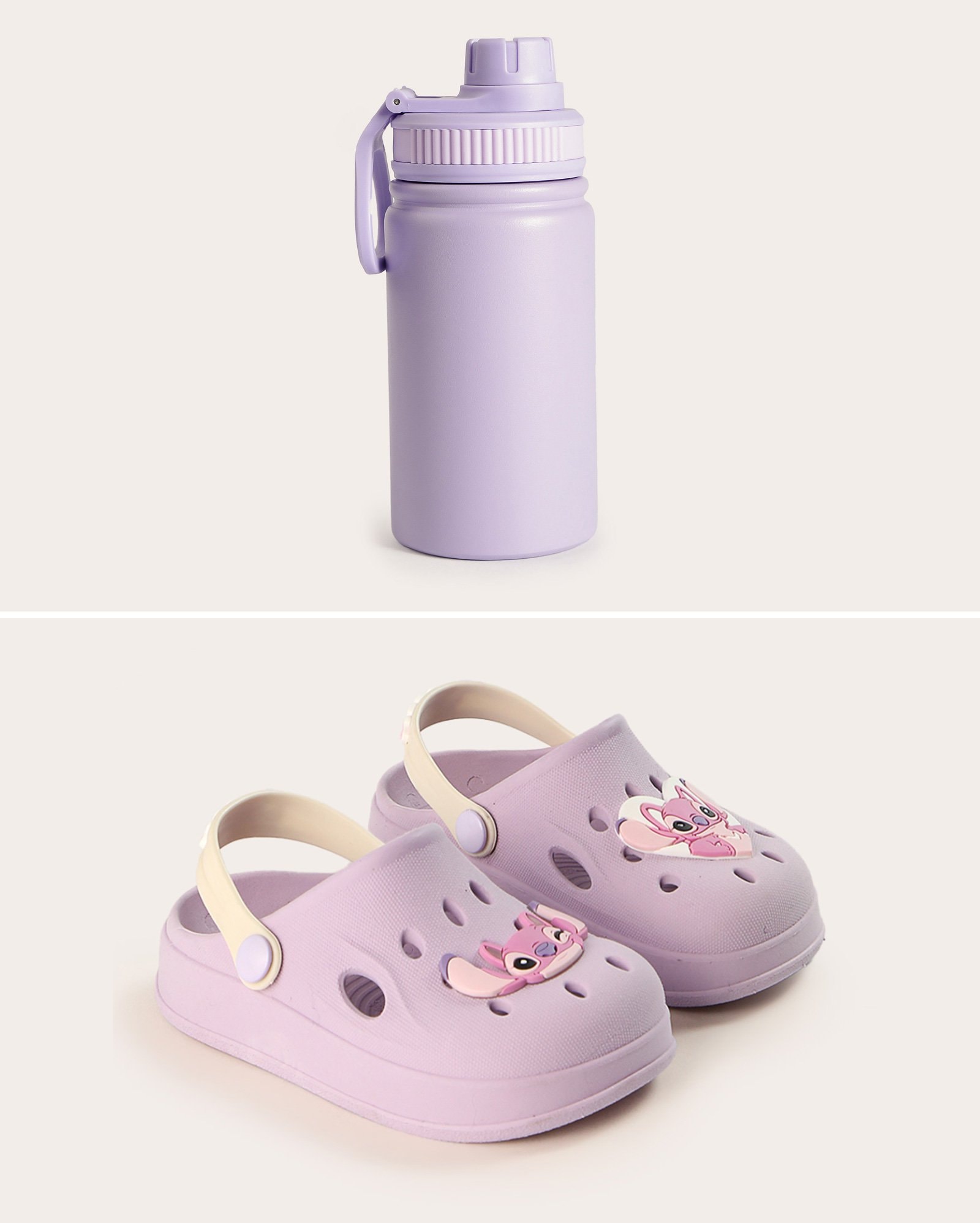 Kit sandália clog infantil Angel Disney + garrafa de metal 360ml - Lilás