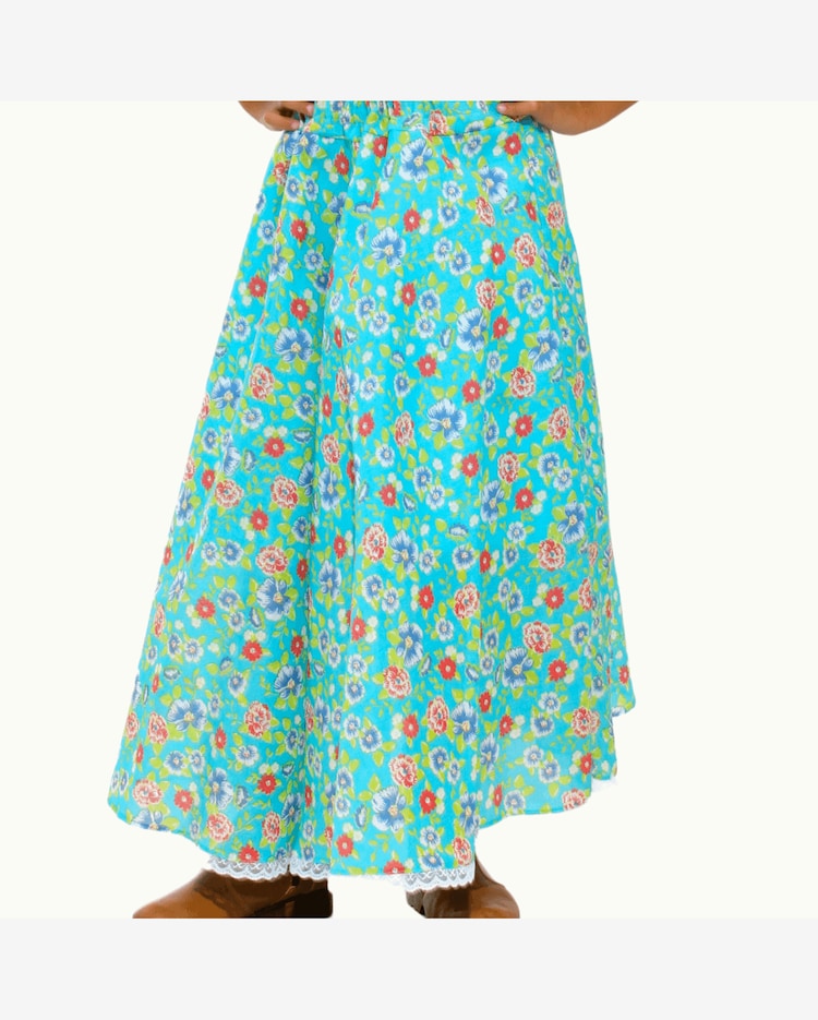 Saia Carimbo Infantil Festa Junina Azul Floral com Renda Riachuelo