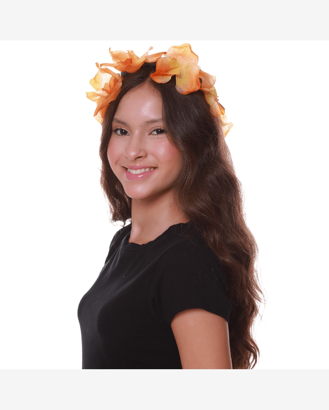 Tiara de Flores Laranja com Fita – Acessório para Fantasia