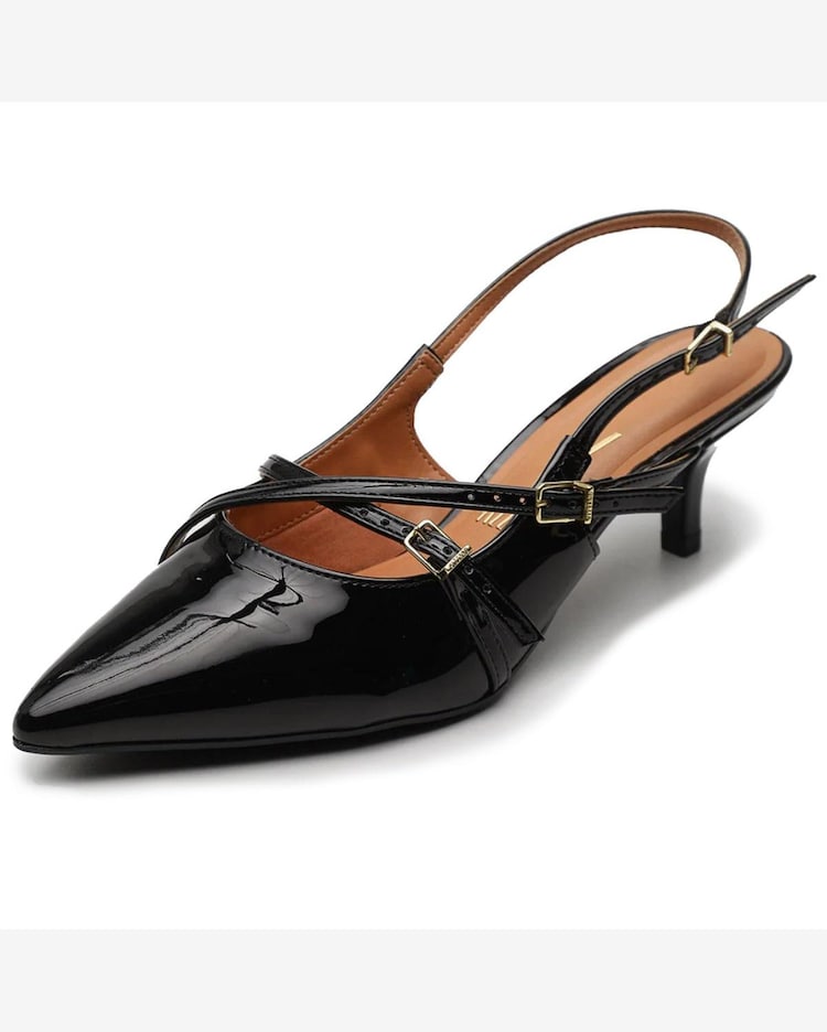 Riachuelo Scarpin Vizzano Slingback Salto Fino Baixo Verniz Preto