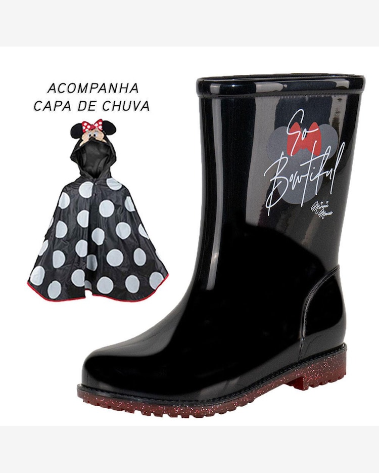 KIT GALOCHA INFANTIL MINNIE E CAPA DE CHUVA GRENDENE KIDS Preto/vermelho  Riachuelo