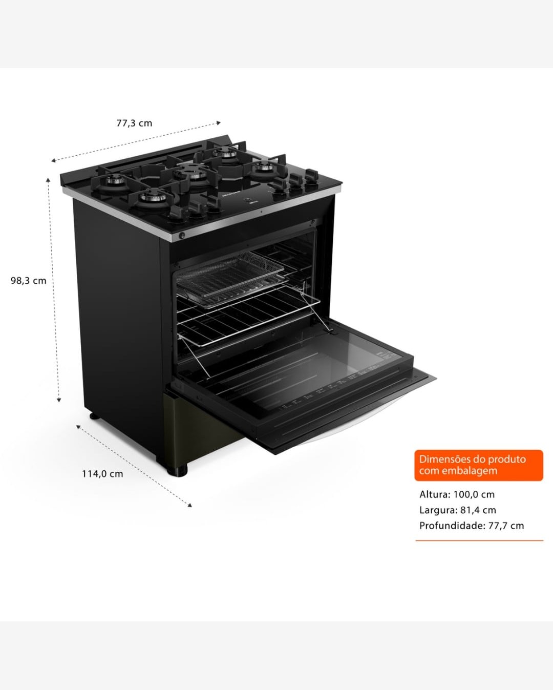 Fogão Brastemp Eclipse Turbo Chama Air Fryer 5Q Preto 220V BFS5LAPRNA