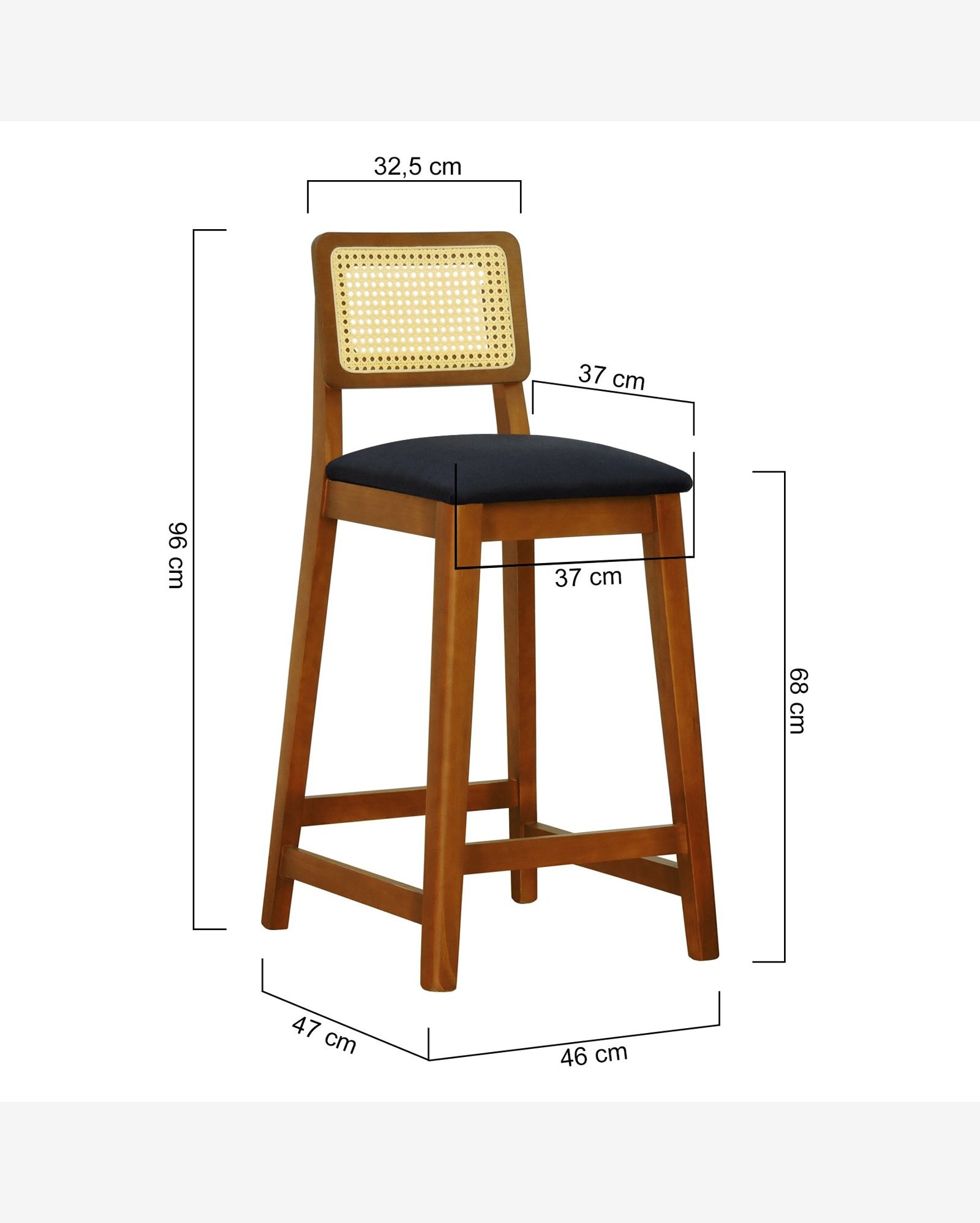 Banqueta Gabi Madeira Maciça Encosto Telinha c/ 68cm Altura - Amêndoa - Assento Estofado Linho Preto Textura