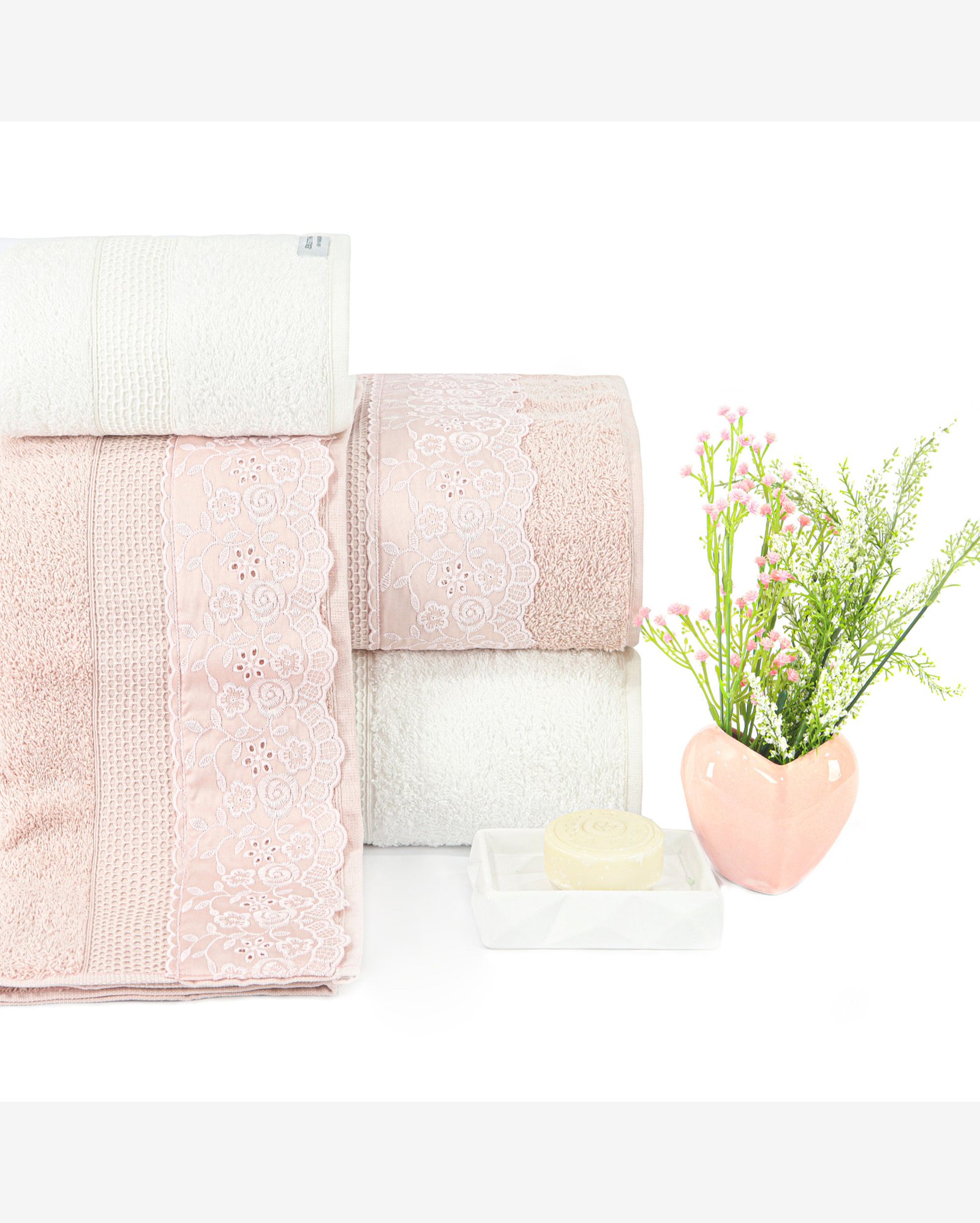 JOGO BANHÃO BORDADO INGLÊS FIO PENTEADO - BEGÔNIA  ROSA / BRANCO