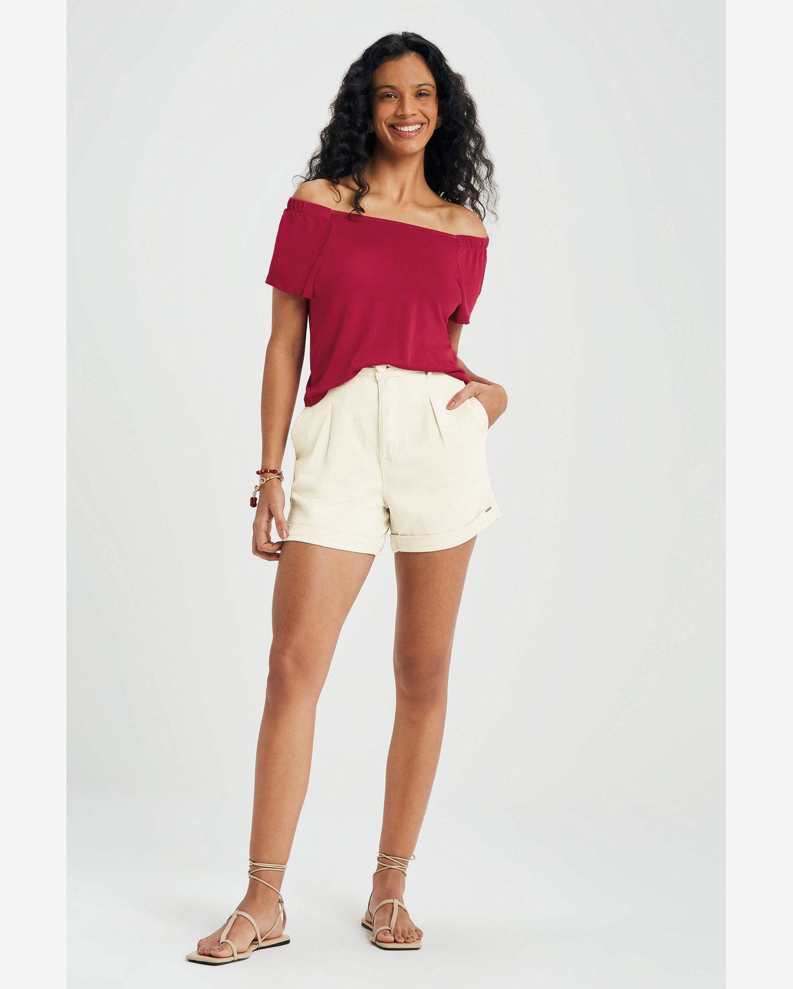 Short Feminino Alfaiataria Linho Marialícia Bege