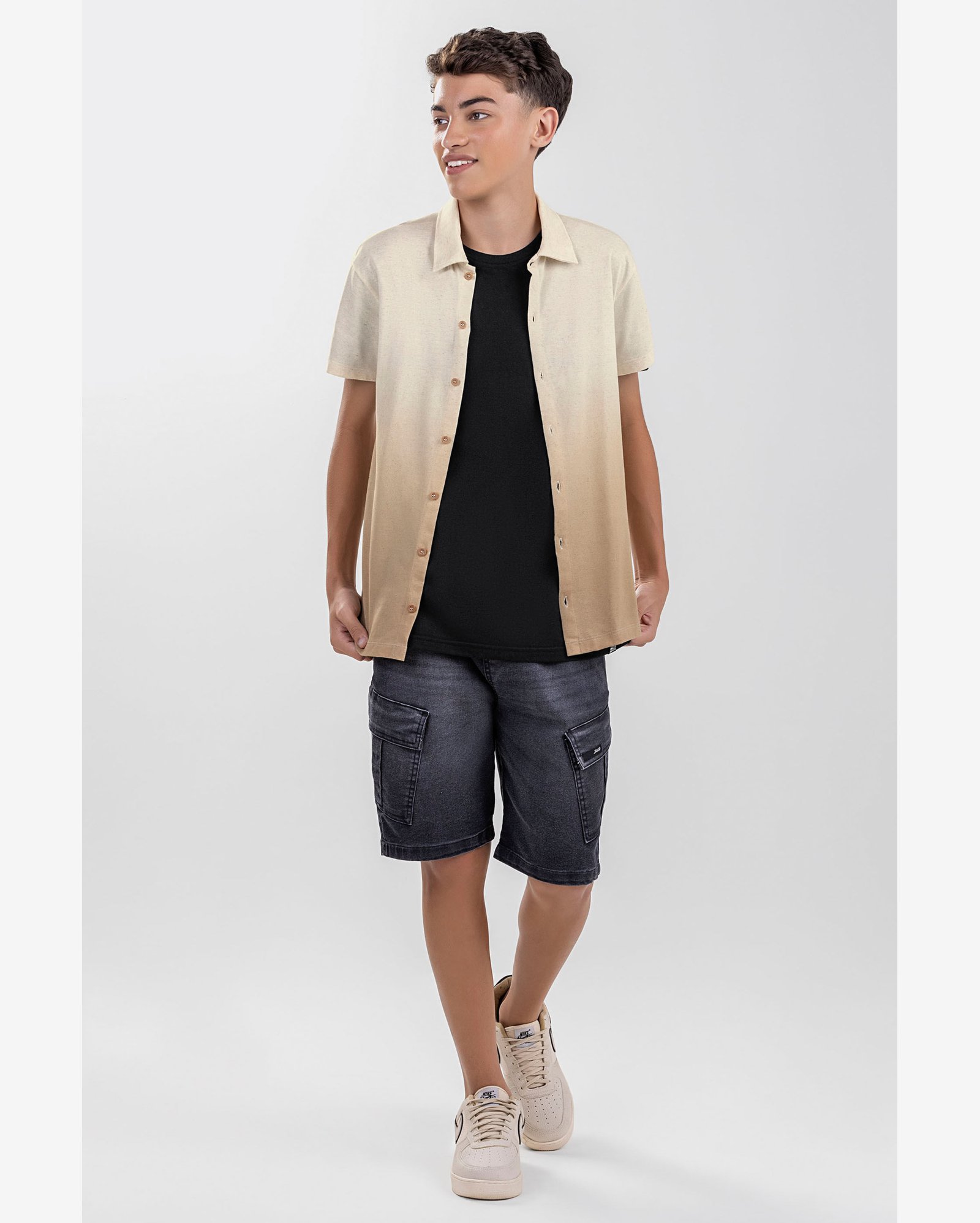 Camisa Juvenil Menino Degradê Malha Linho Beats Bege