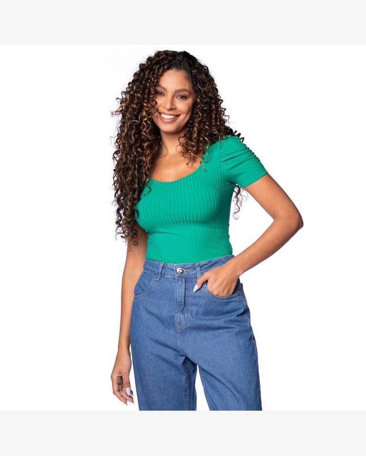 Riachuelo Blusa Feminina Cativa Canelada Manga Bufante Verde