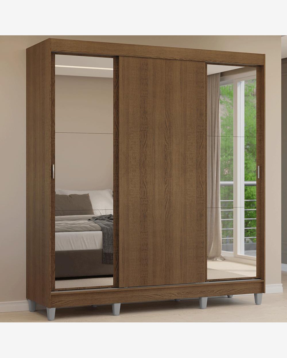 Guarda-Roupa Casal com Pés 3 Portas de Correr com Espelhos Rustic Reno Madesa