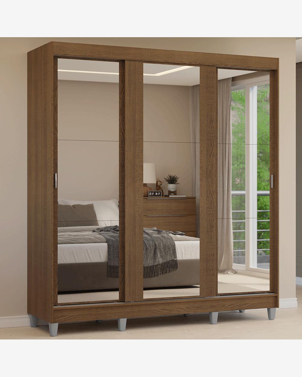 Guarda-Roupa Casal com Pés 3 Portas de Correr de Espelho Rustic Reno Madesa