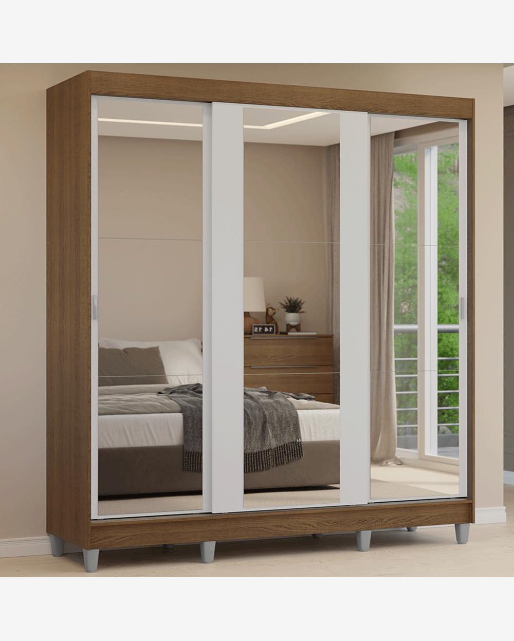Guarda-Roupa Casal com Pés 3 Portas de Correr de Espelho Rustic/Branco Reno Madesa