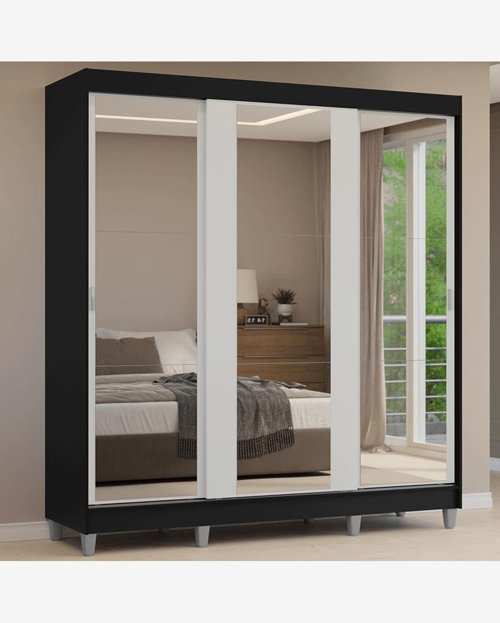 Guarda-Roupa Casal com Pés 3 Portas de Correr de Espelho Preto/Branco Reno Madesa