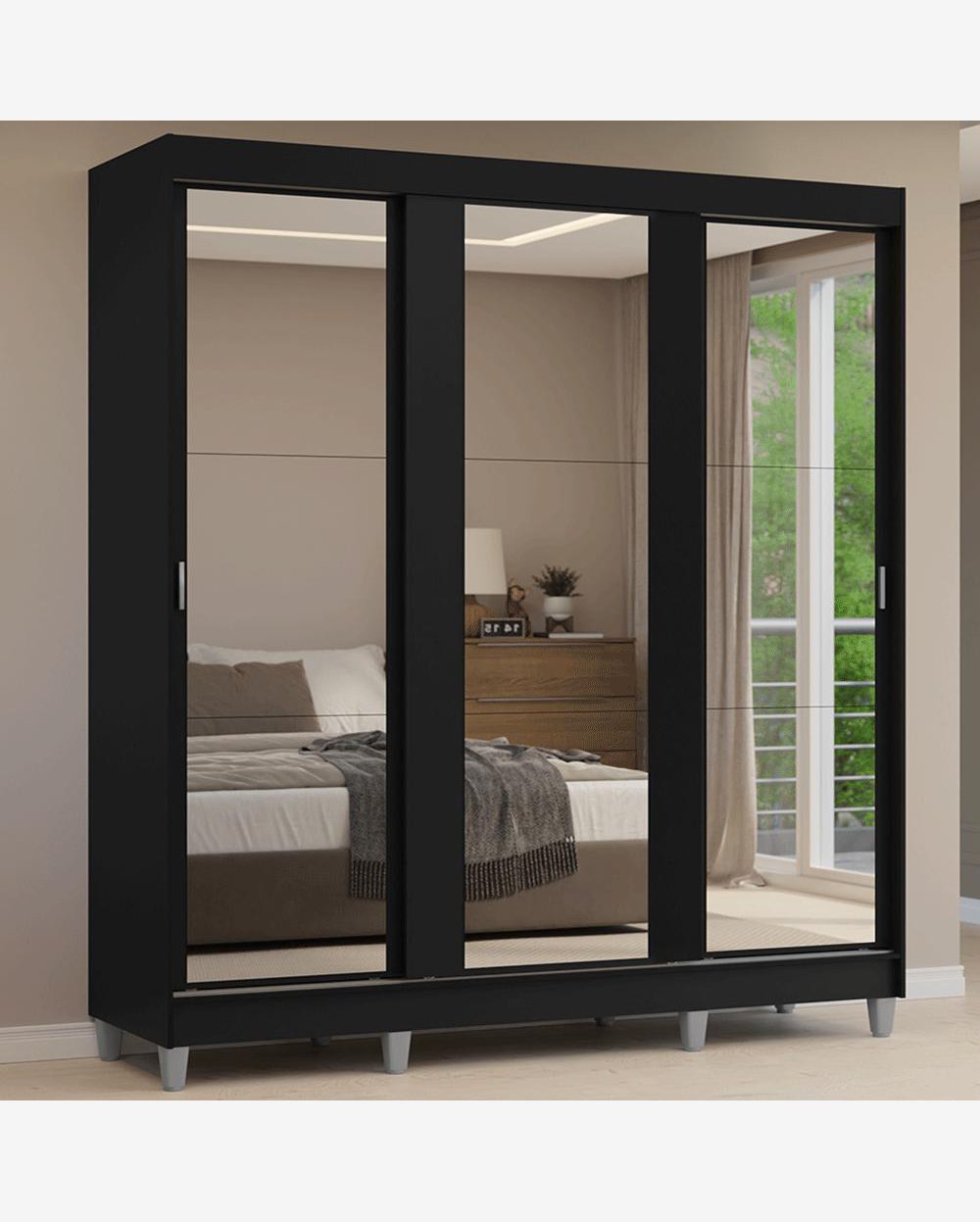 Guarda-Roupa Casal com Pés 3 Portas de Correr de Espelho Preto Reno Madesa