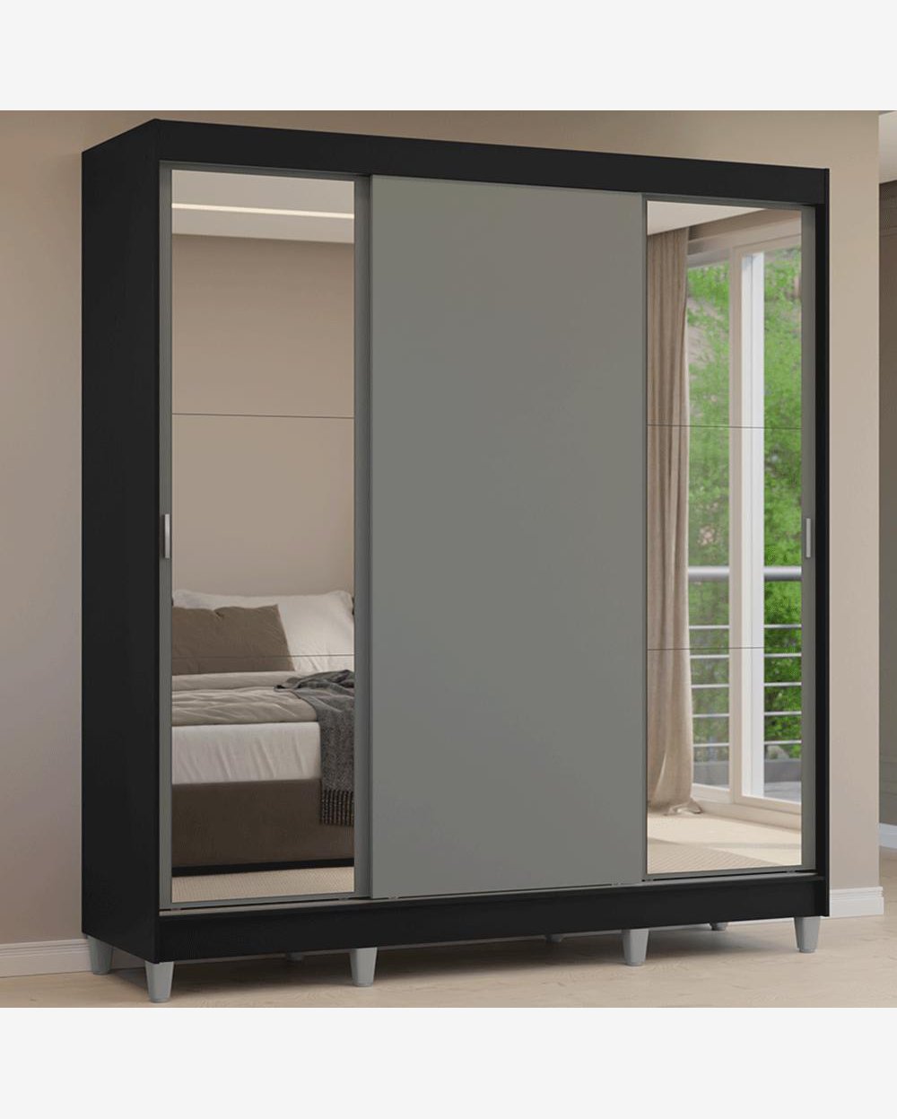Guarda-Roupa Casal com Pés 3 Portas de Correr com Espelhos Preto/Cinza Reno Madesa