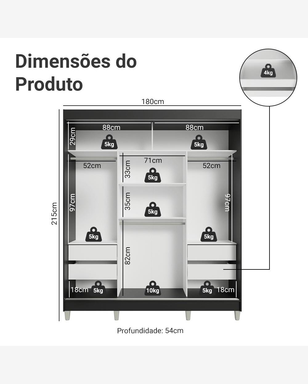 Guarda-Roupa Casal com Pés 3 Portas de Correr de Espelho Preto/Cinza Reno Madesa