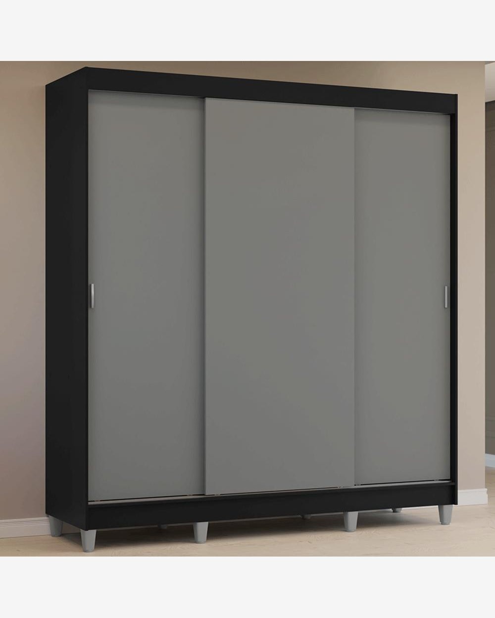 Guarda-Roupa Casal com Pés 3 Portas de Correr Preto/Cinza Reno Madesa