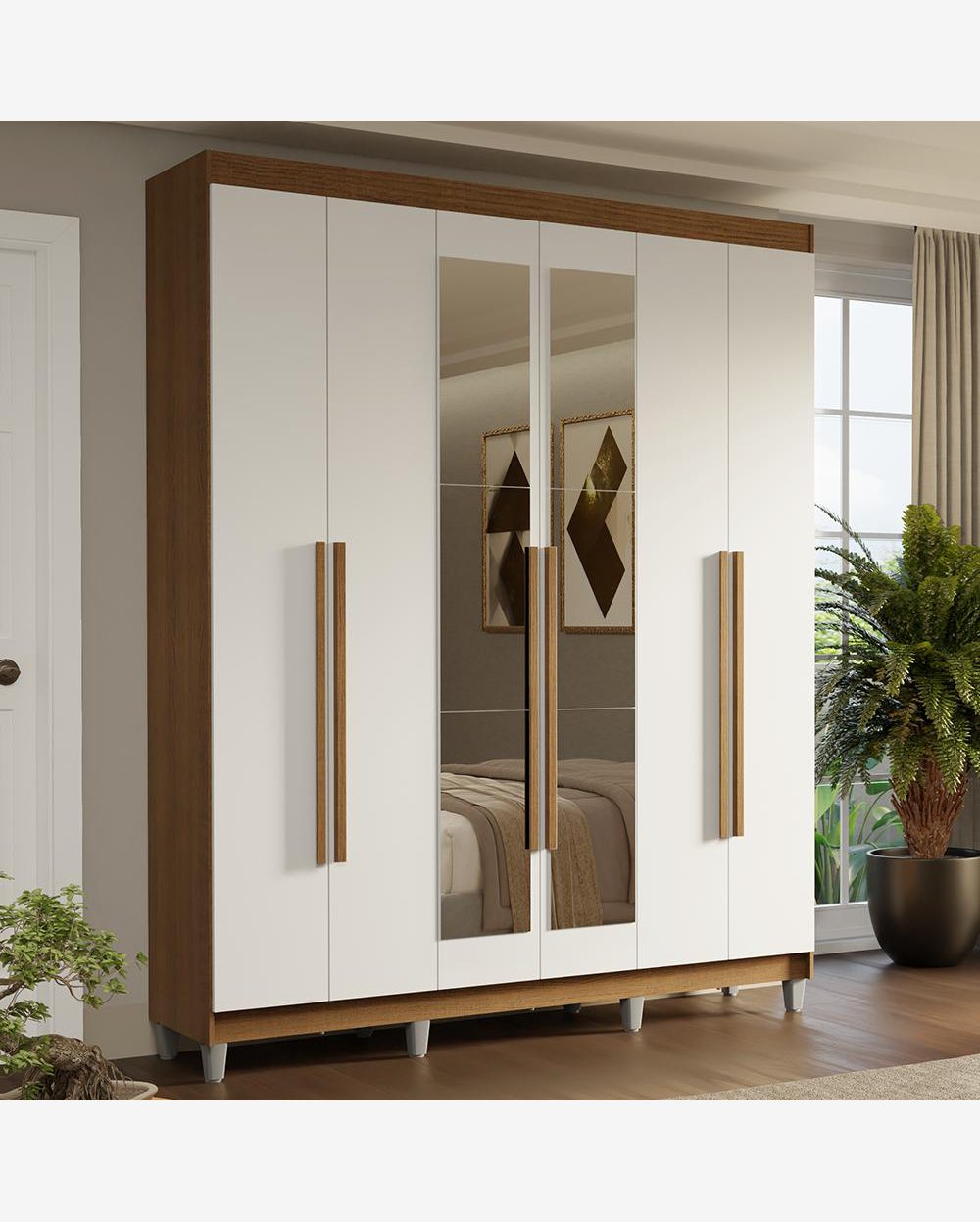 Guarda-Roupa Casal com Pés 6 Portas Batentes com Espelho Rustic/Branco/Rustic Saturno Madesa