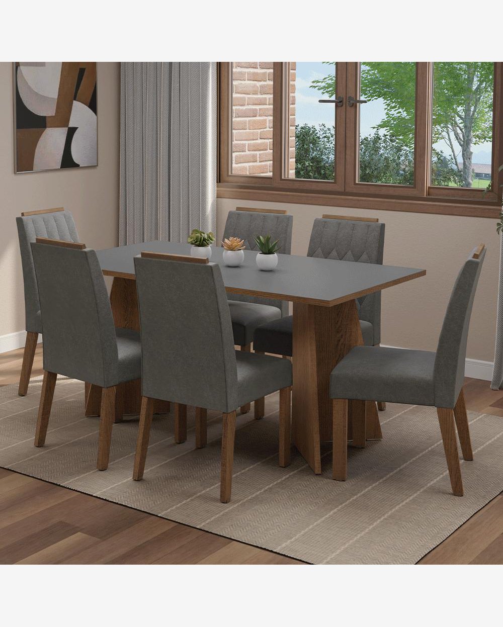 Conjunto Sala de Jantar Tampo de Madeira 6 Cadeiras Rustic/Cinza/Silver Leon Madesa