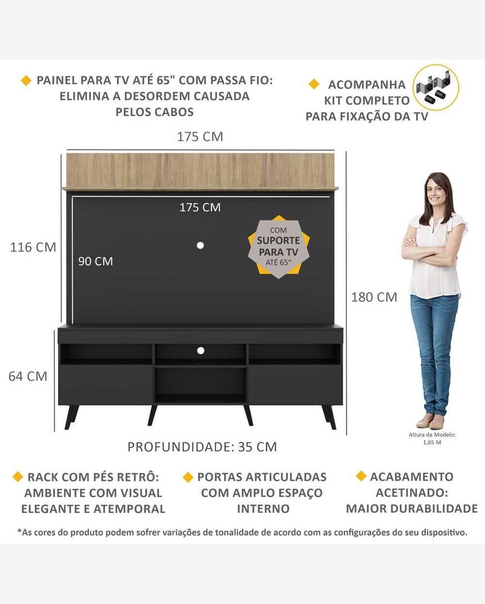 Riachuelo | Rack Retrô com Painel e Suporte TV 65