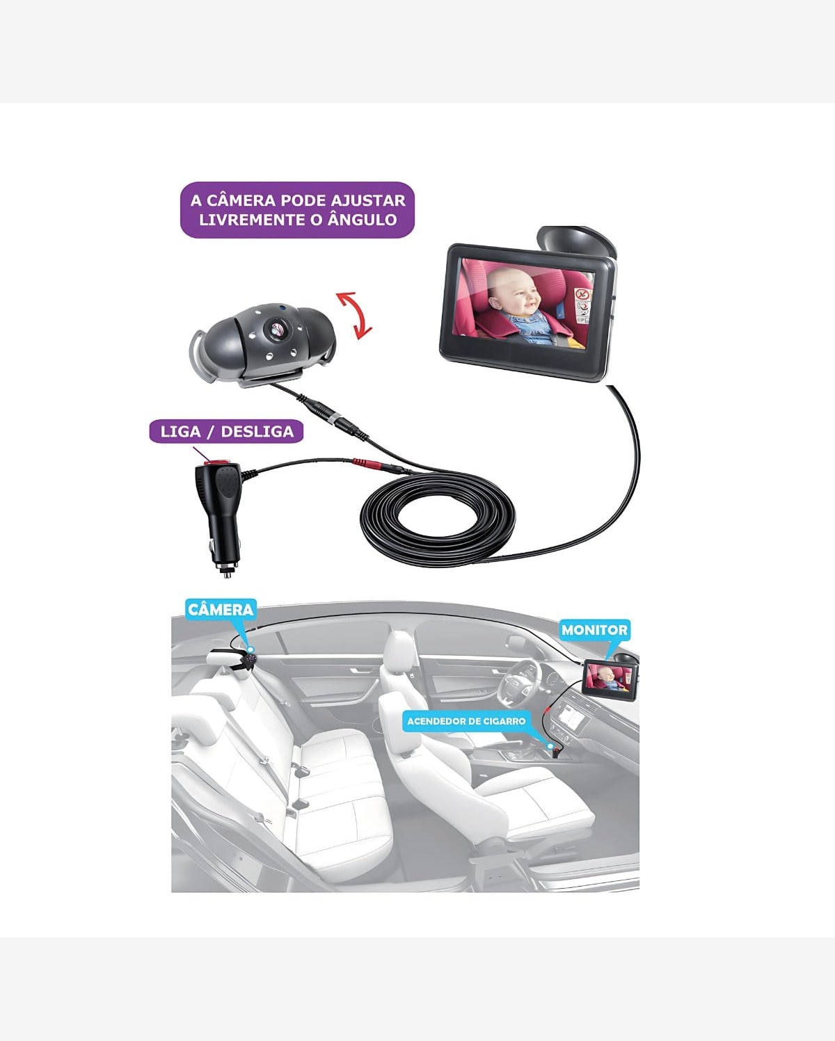 Espelho Retrovisor Com Câmera Para Ver Bebê Carro Maxi Baby