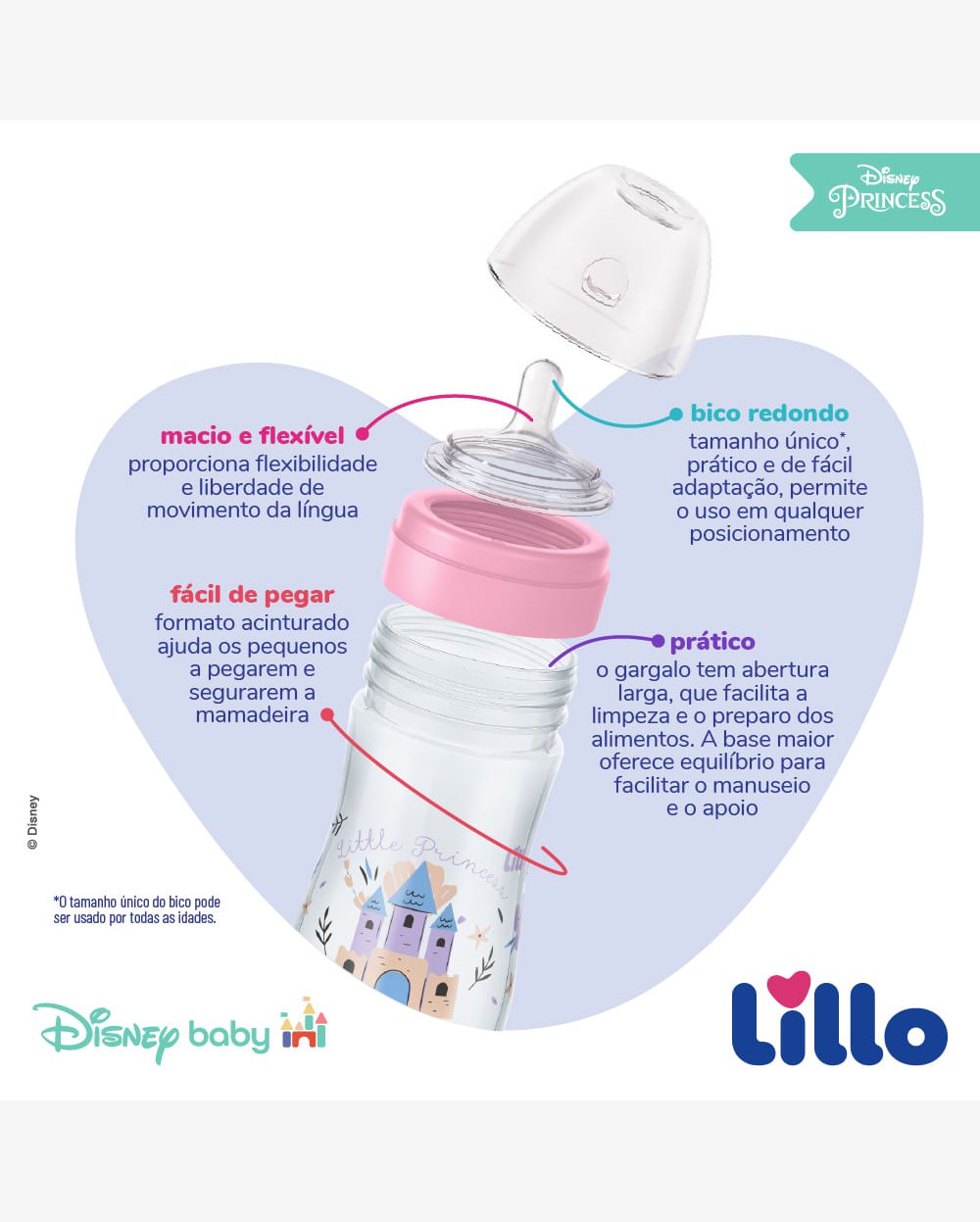 Mamadeira Bico Silicone Redondo Disney 6m+ 300ml Rosa Lillo