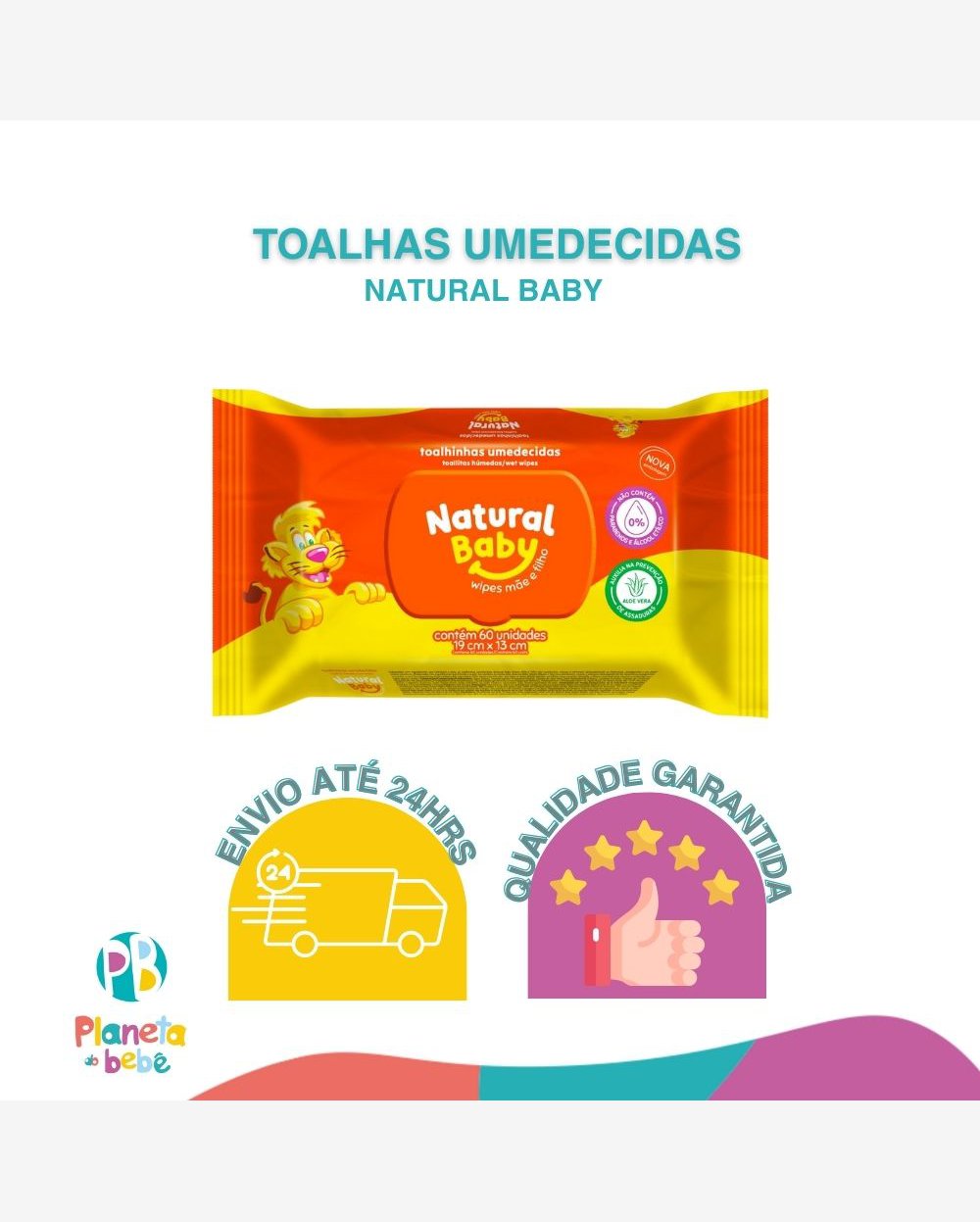 Toalhas Lenços Umedecidos Natural Baby com 60un - Evergreen