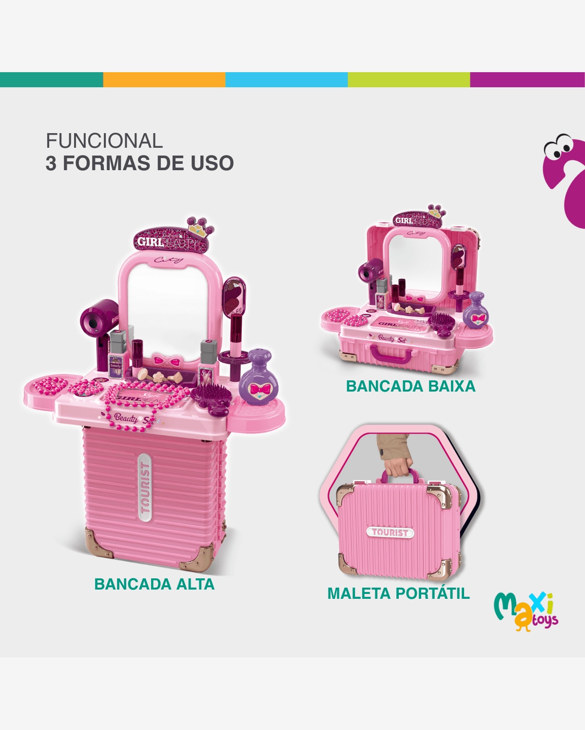 Bancada Penteadeira Infantil 3 em 1 Maleta 21 Peça Maxi Toys