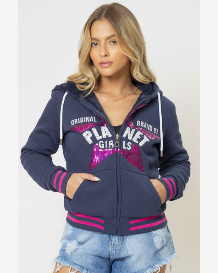 Moletom Feminino Dupla Face Star Planet Girls Azul Escuro Azul Escuro  Riachuelo