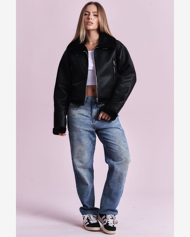 Riachuelo Jaqueta em Couro Pu Gola Peluciada Planet Girls Preto