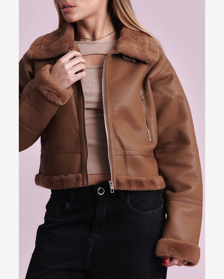 Riachuelo Jaqueta em Couro Pu Gola Peluciada Planet Girls Caramelo