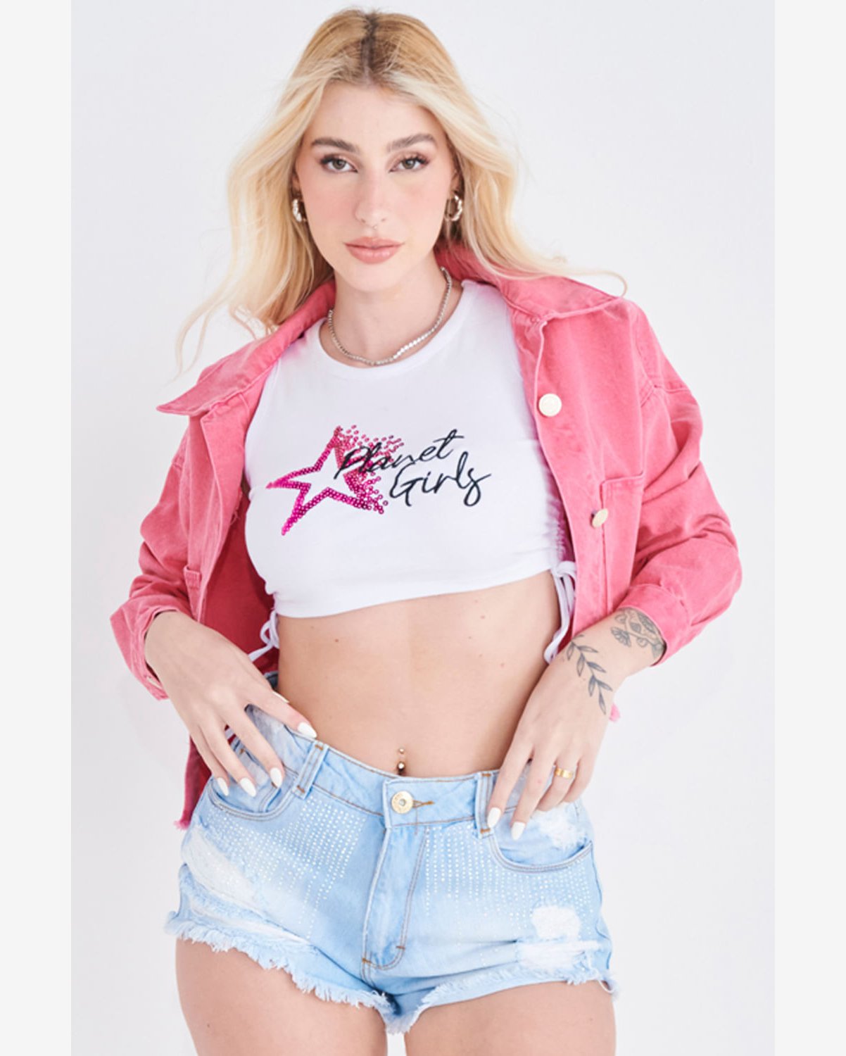 Planet Girls Jaqueta Jeans Feminina Curta Desfiada Jaqueta