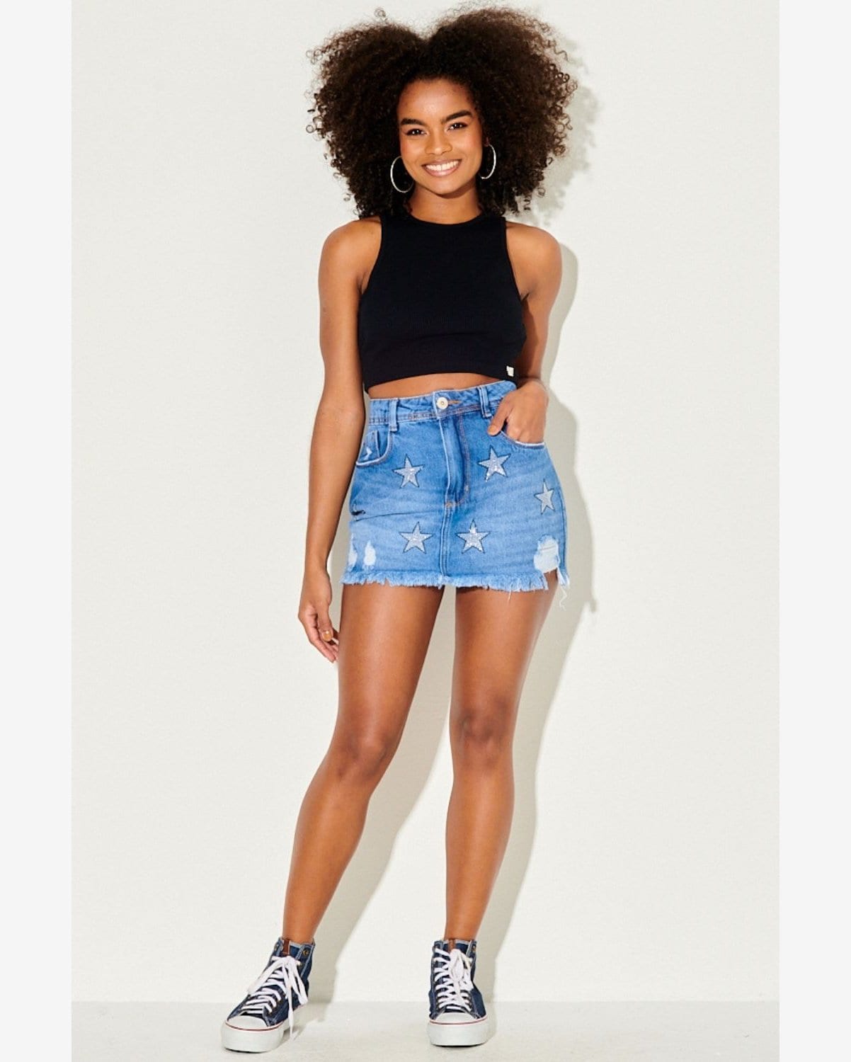 Riachuelo Saia Curta Desfiada Com Strass Planet Girls Jeans Escuro