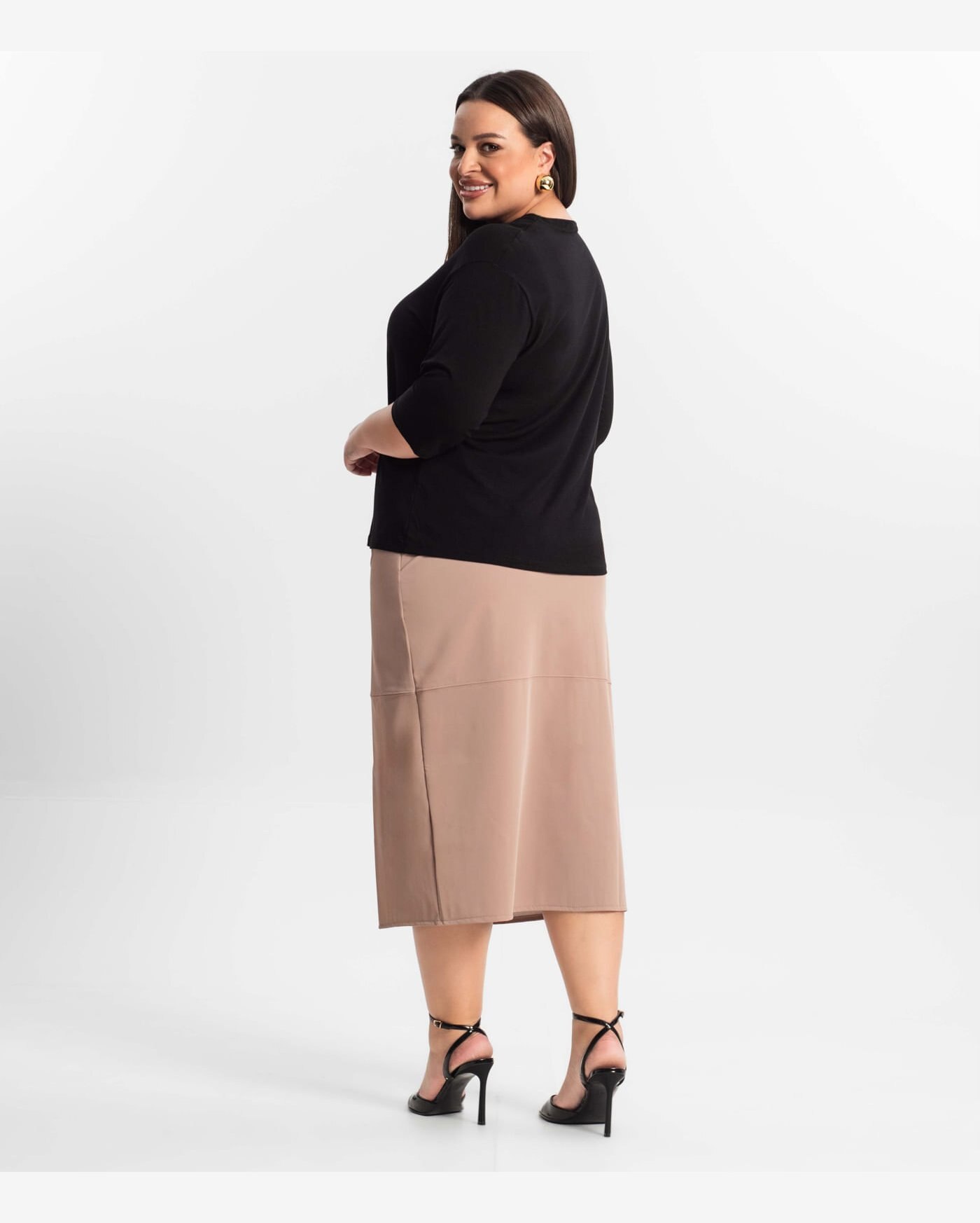 Saia Midi Plus Size Com Fenda Secret Glam Marrom