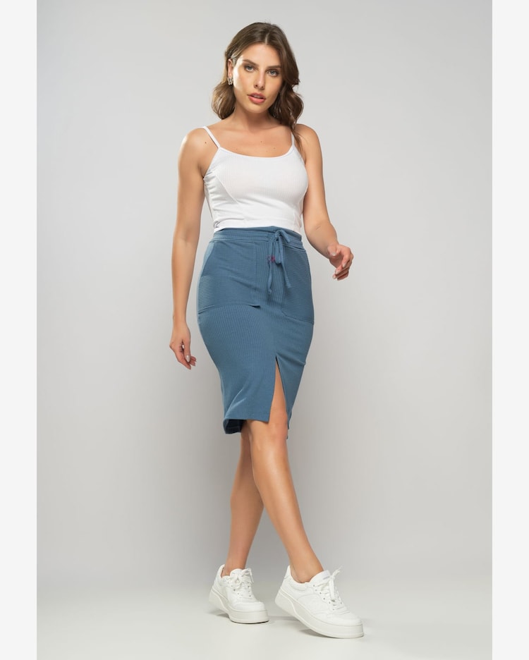 Riachuelo Saia Midi Com Bolso Malha Canelada Azul Salvatore Fashion