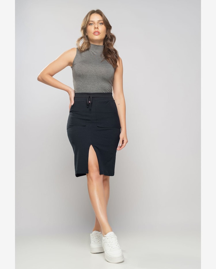 Riachuelo Saia Midi Com Bolso Malha Canelada Preta Salvatore Fashion