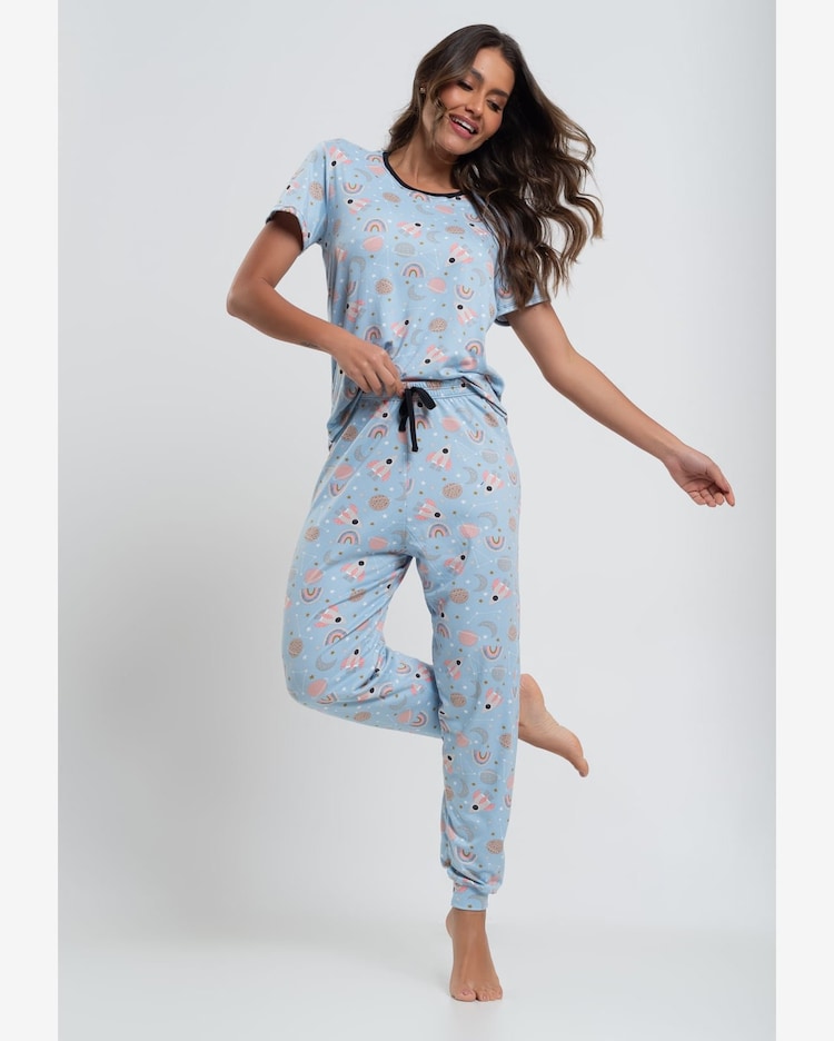 Riachuelo Pijama Calça e Blusa M/C Malha Azul Salvatore Fashion