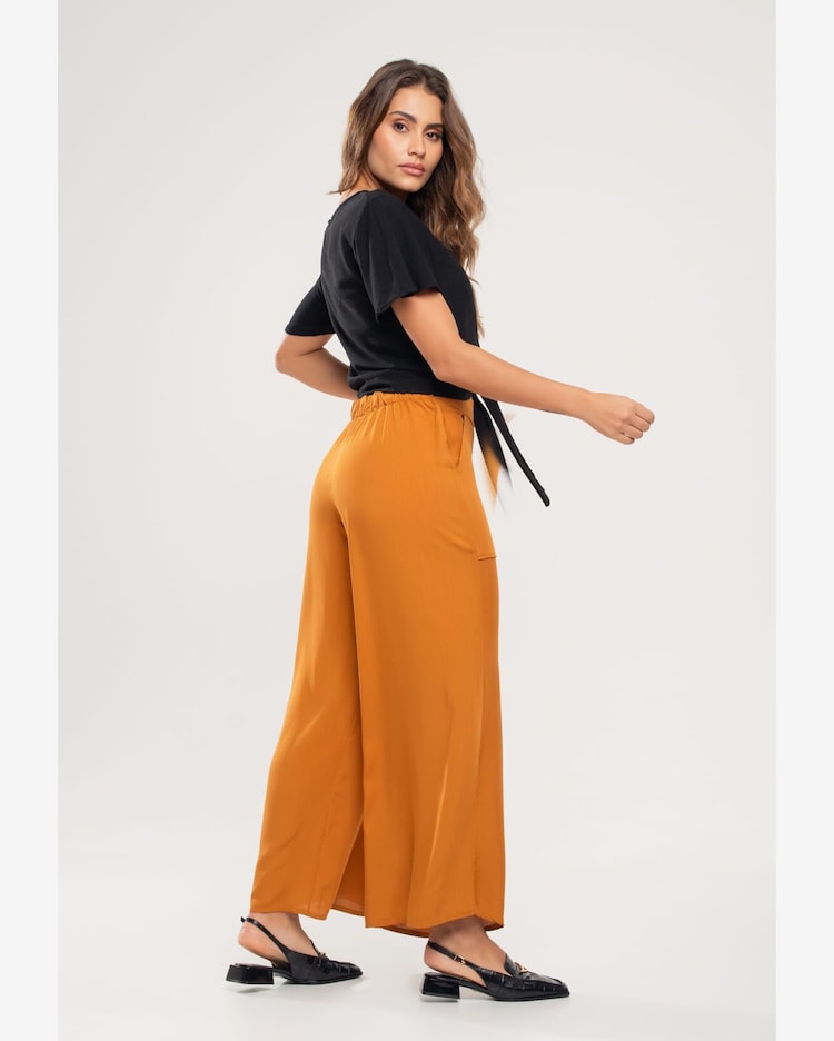 Riachuelo Calça Pantalona Com Bolso Viscolinho Mostarda
