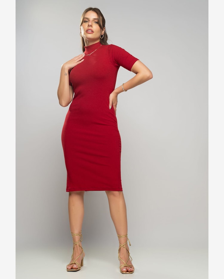 Riachuelo Vestido Midi Manga Curta Canelado Vermelho Salvatore