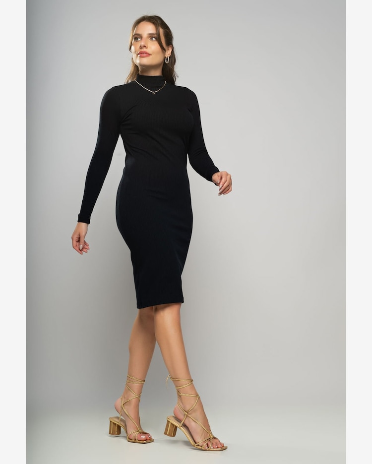 Riachuelo Vestido Midi Manga Longa Canelado Preto Salvatore Fashion