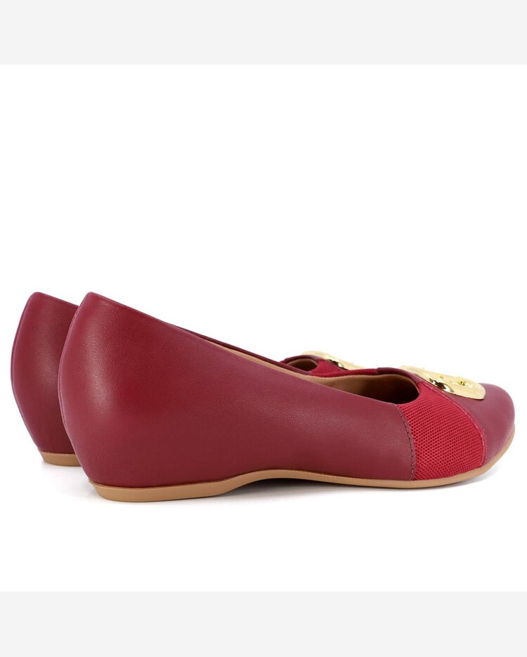 Sapatilha Salto Embutido Couro Vermelho Enfeite Riachuelo