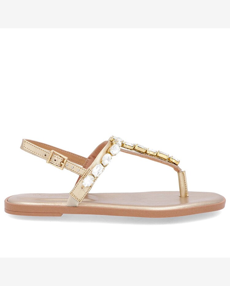 Riachuelo Sandália Salto Baixo Couro Dourada Enfeite